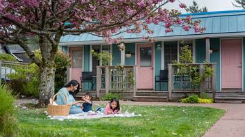 Relax on the porch with a tranquil view of the surrounding greenery and tree with blooming flowers.
