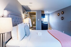 Queen Room with Kitchen | Laptop workspace, iron/ironing board, free WiFi, bed sheets
