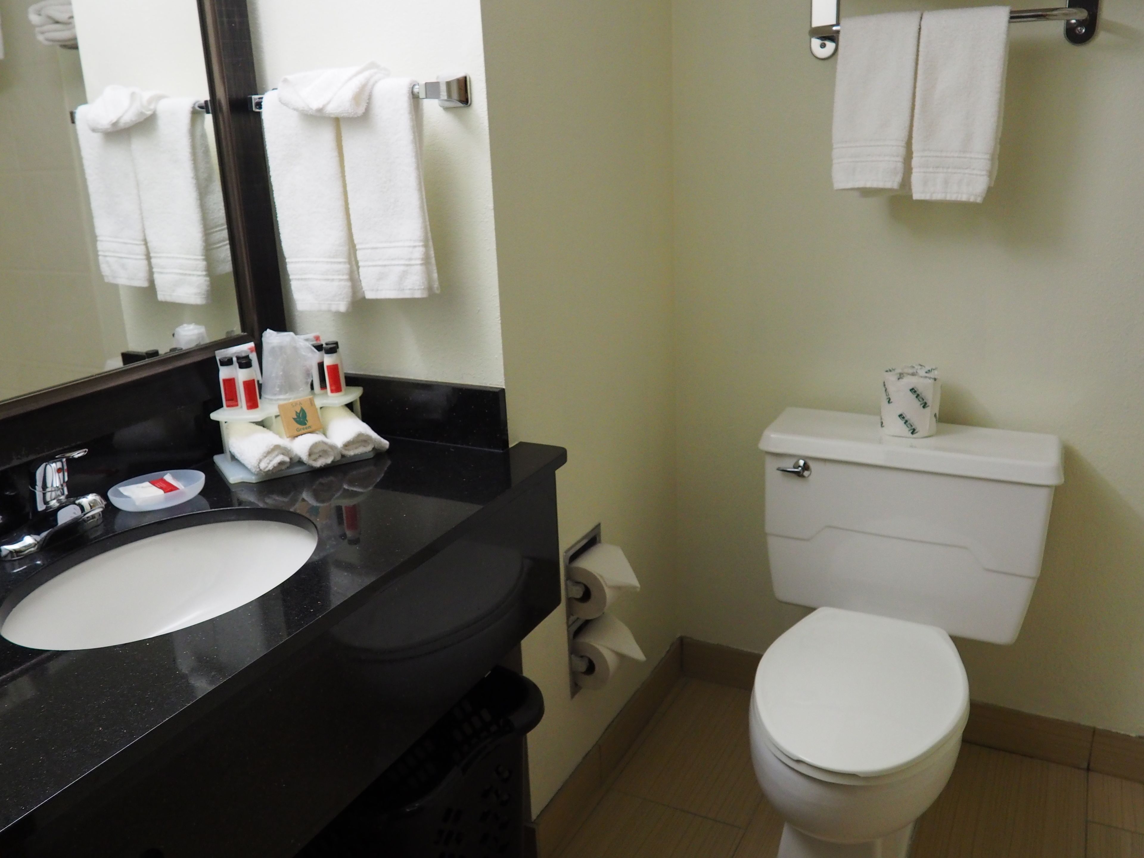 Un baño con encimera negra, lavabo blanco y retrete. Hay toallas colgadas en un perchero y un espejo sobre el lavabo.