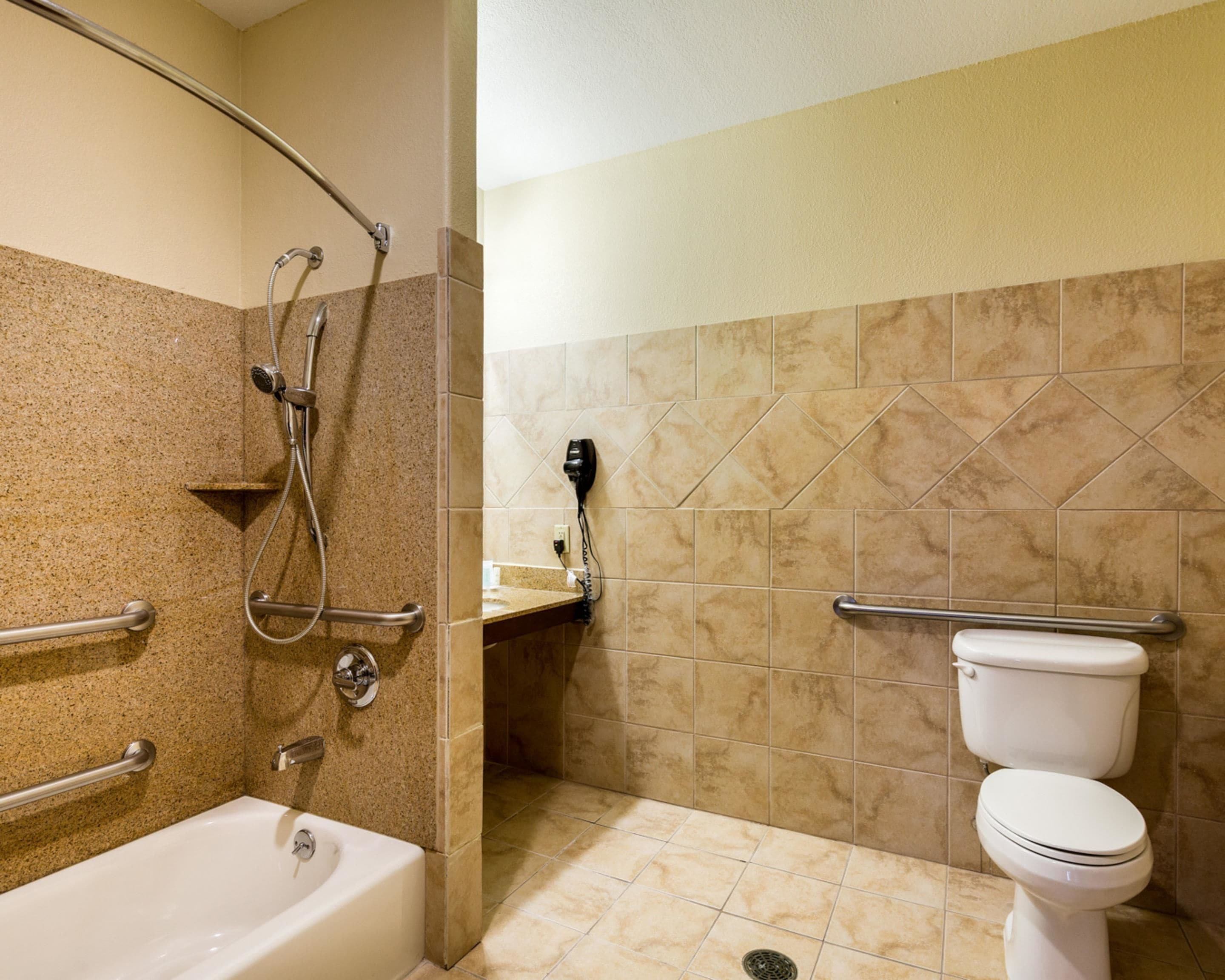 combined shower/bathtub, free toiletries, hair dryer, towels