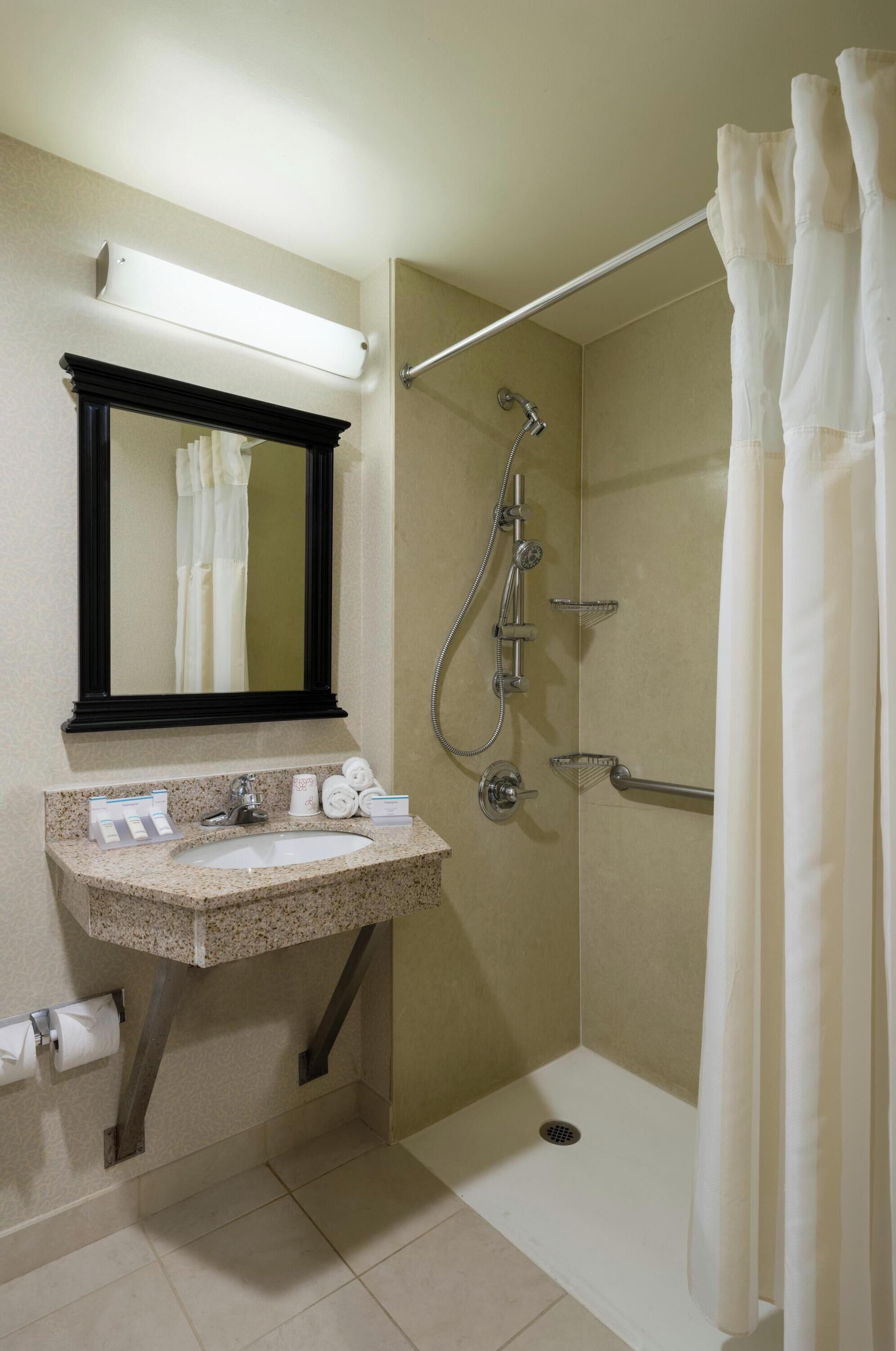 Combined shower/tub, free toiletries, hair dryer, towels
