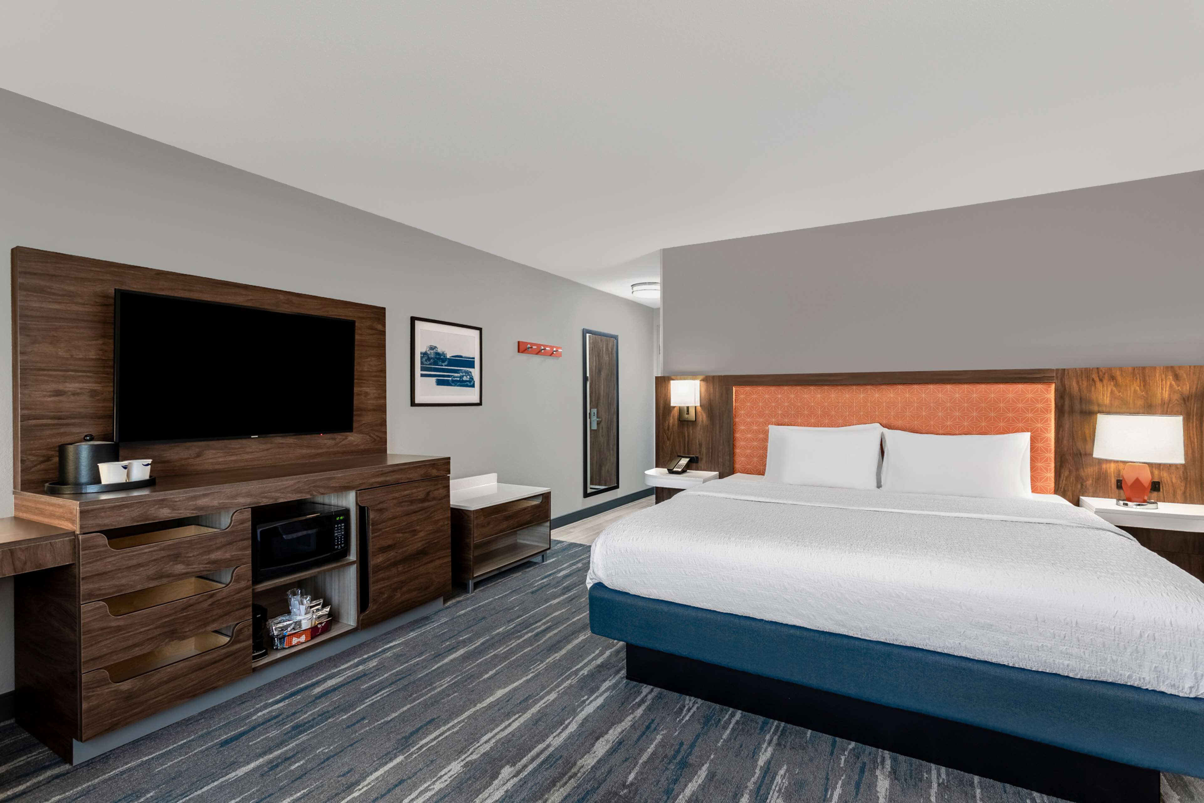 desk, laptop workspace, blackout curtains, iron/ironing board