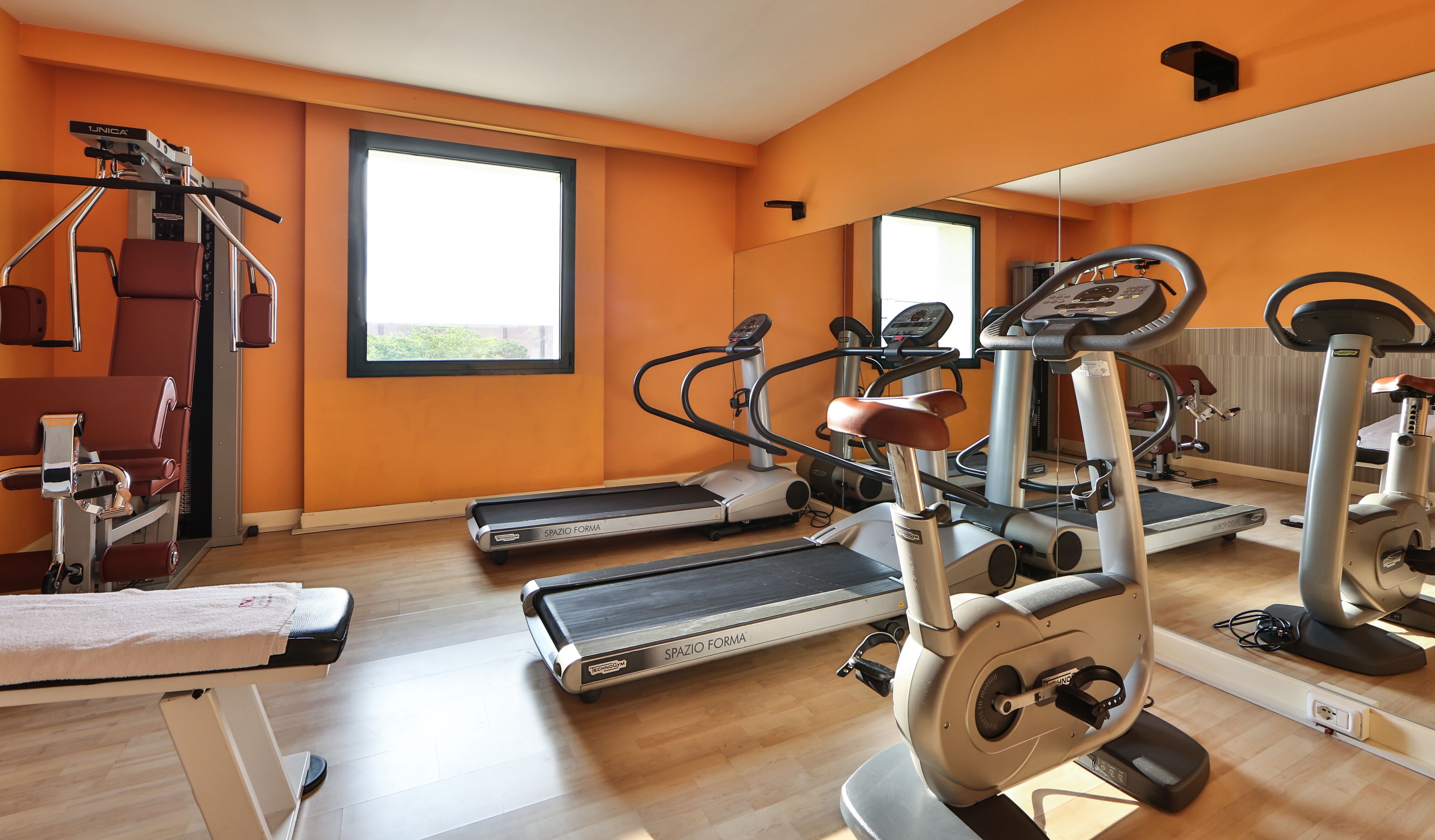 A gym with treadmills, elliptical machines, and weight equipment.