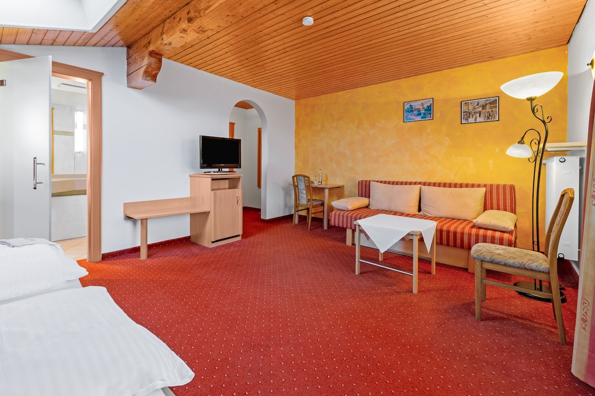 A hotel room with a wooden ceiling, a red carpet, a sofa, a TV on a wooden cabinet, a desk, and a chair.