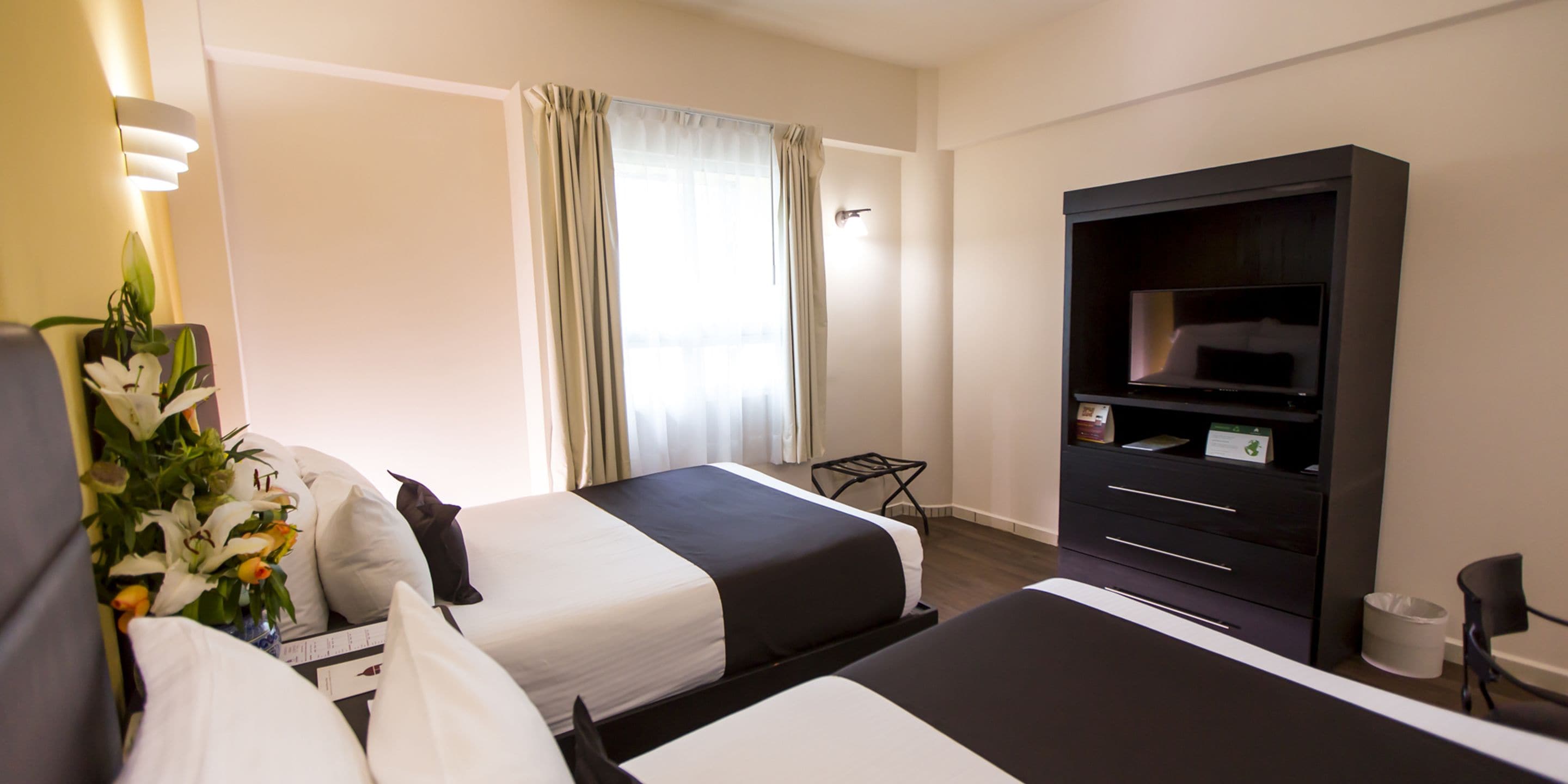A hotel room with two beds, a TV, a desk, and a chair.