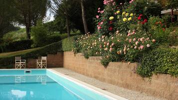 Outdoor pool, open 9:30 AM to 9:30 PM, pool umbrellas, pool loungers