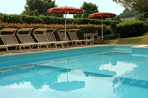 Outdoor pool, open 9:30 AM to 9:30 PM, pool umbrellas, sun loungers