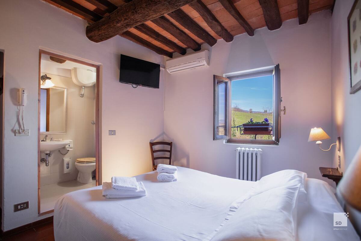 Un dormitorio con cama, ventana con vista a un jardín, baño con lavamanos e inodoro, y unidad de aire acondicionado.