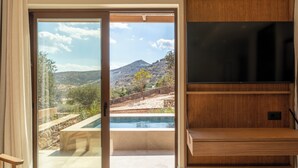 A room with a sliding glass door leading to a pool area, a flat-screen TV mounted on a wooden shelf, and a view of a mountainous landscape.