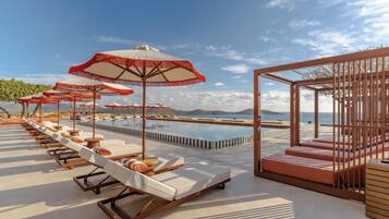 Outdoor pool, pool umbrellas, pool loungers