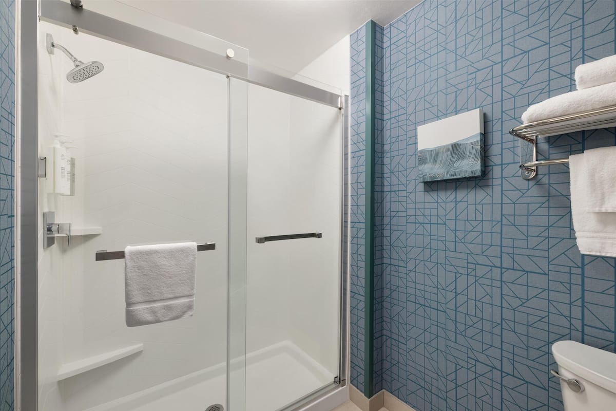 A bathroom with a glass shower enclosure, a white toilet, and a towel rack with towels.
