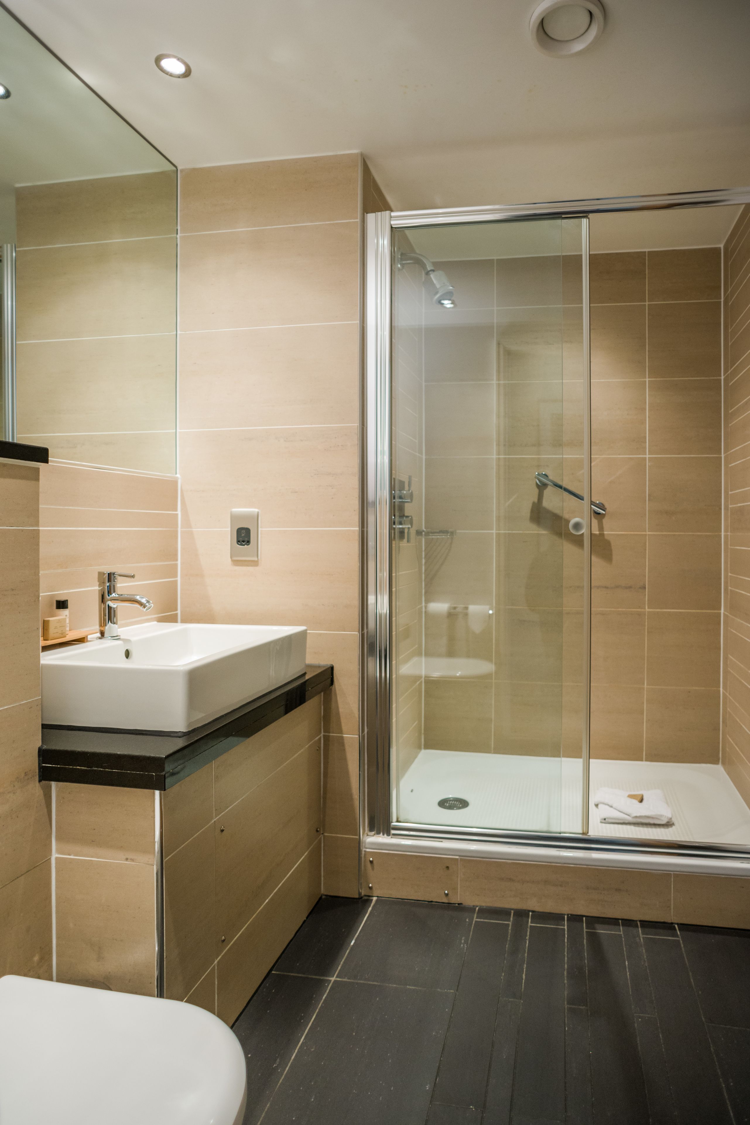 eco-friendly toiletries, hair dryer, towels, soap