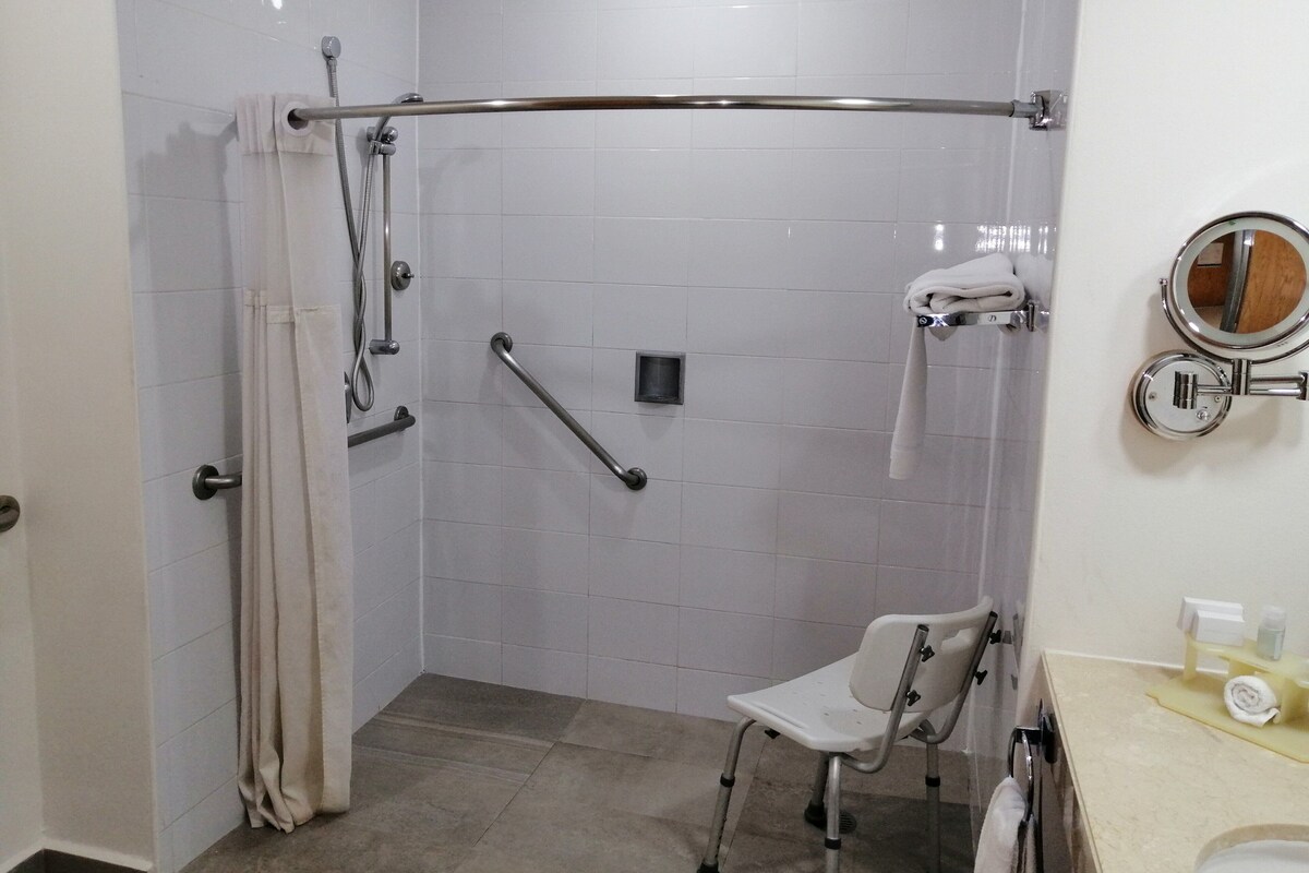 Un baño con ducha, barras de apoyo, un asiento accesible para sillas de ruedas y un espejo.