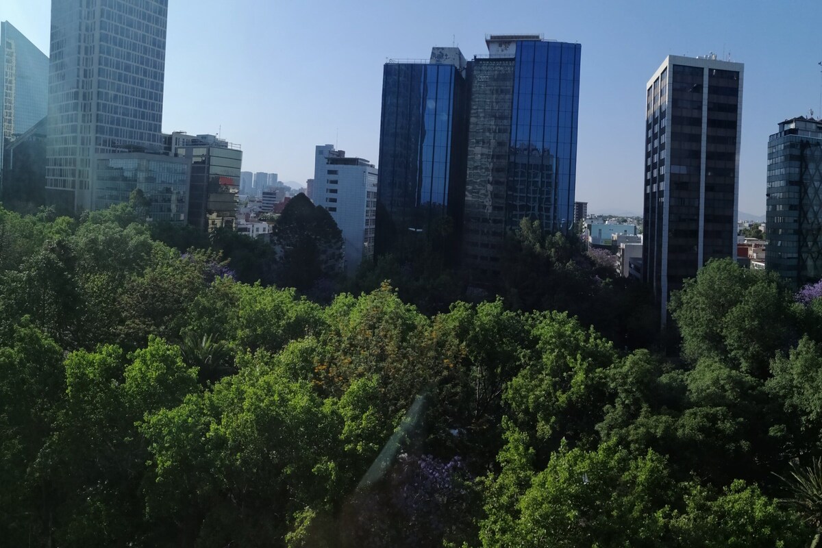 Un paisaje urbano con modernos edificios altos y frondosos árboles verdes.