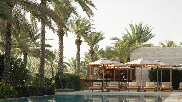 A pool area with lounge chairs and umbrellas, surrounded by palm trees.