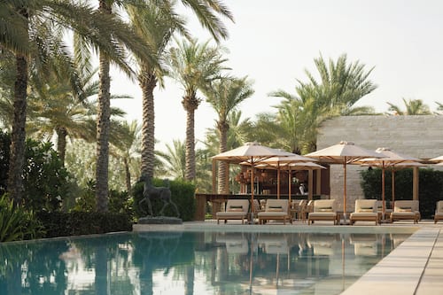 Outdoor pool, pool umbrellas, pool loungers