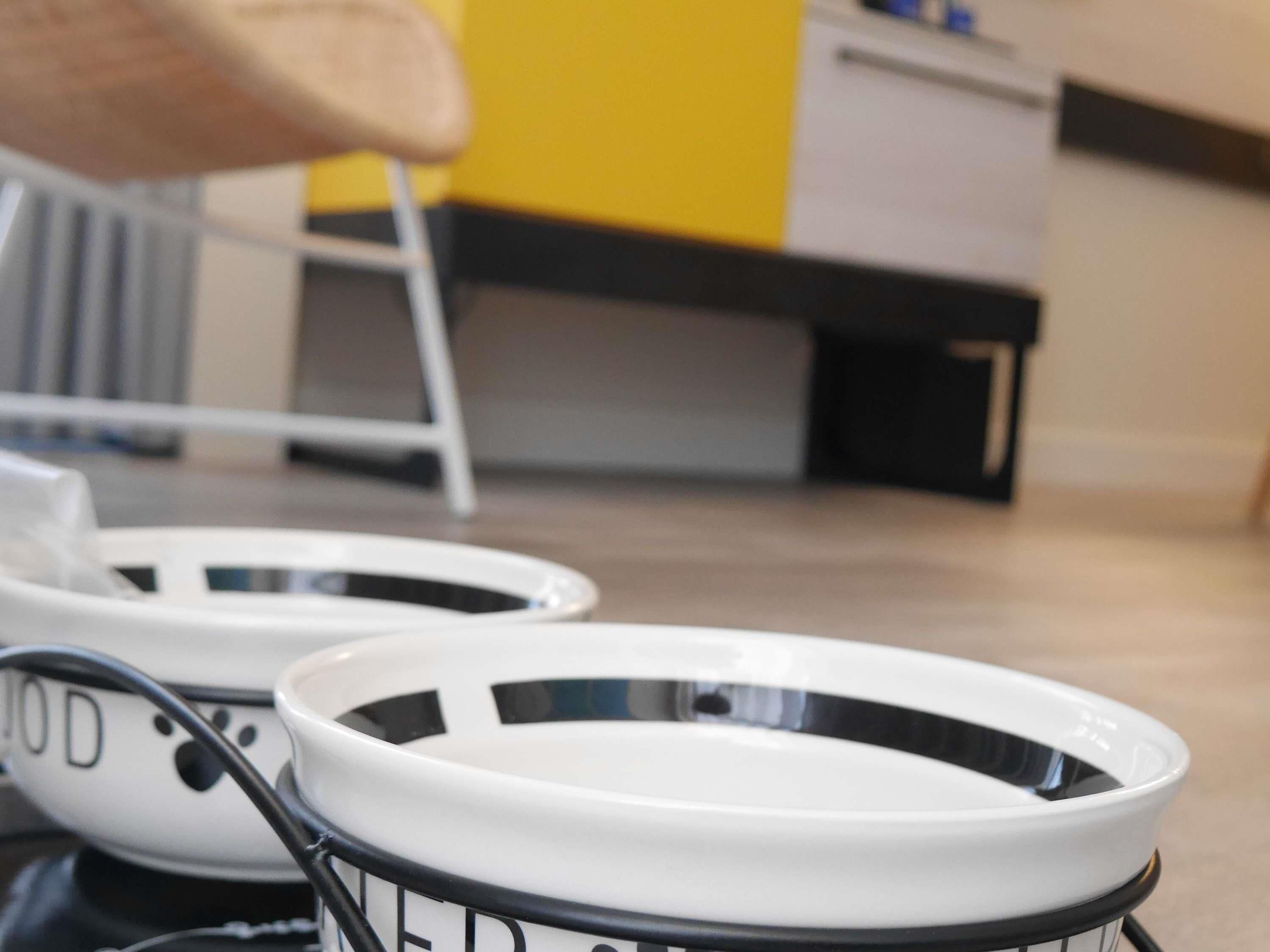 A kitchen area with white cabinets, a yellow wall, and a black and white bowl with 'NEED' written on it.