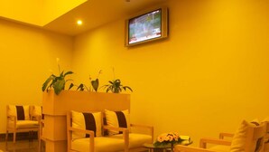Un área de recepción con decoración amarilla, que incluye un televisor montado en la pared, un mostrador de recepción, varias sillas y plantas en macetas.