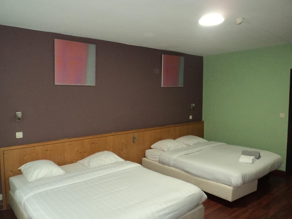 A room with two single beds, a wooden headboard, a green wall, and a ceiling light.