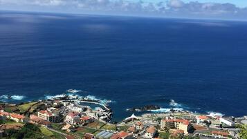 A coastal town with buildings along the shoreline, a clear view of the ocean, and a mix of residential and commercial structures.