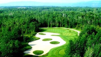 A golf course with sand bunkers and a forested background.