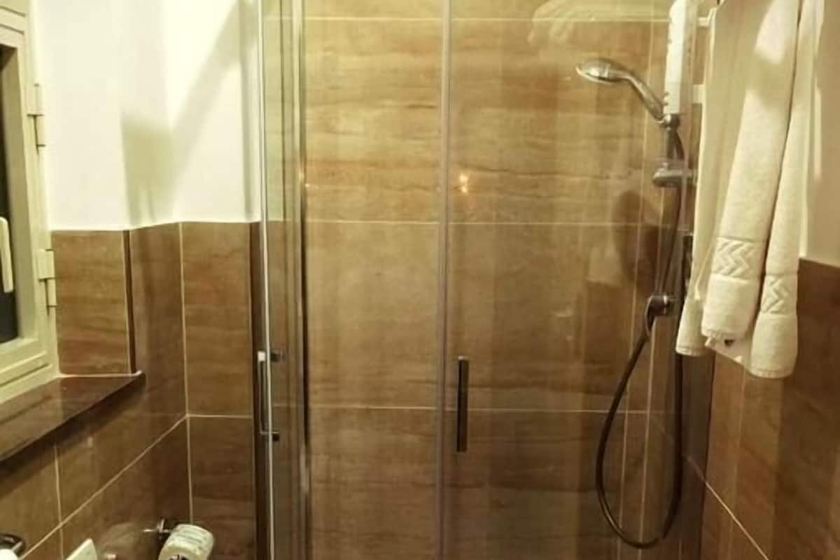 A shower with a glass door, a toilet, and a sink.