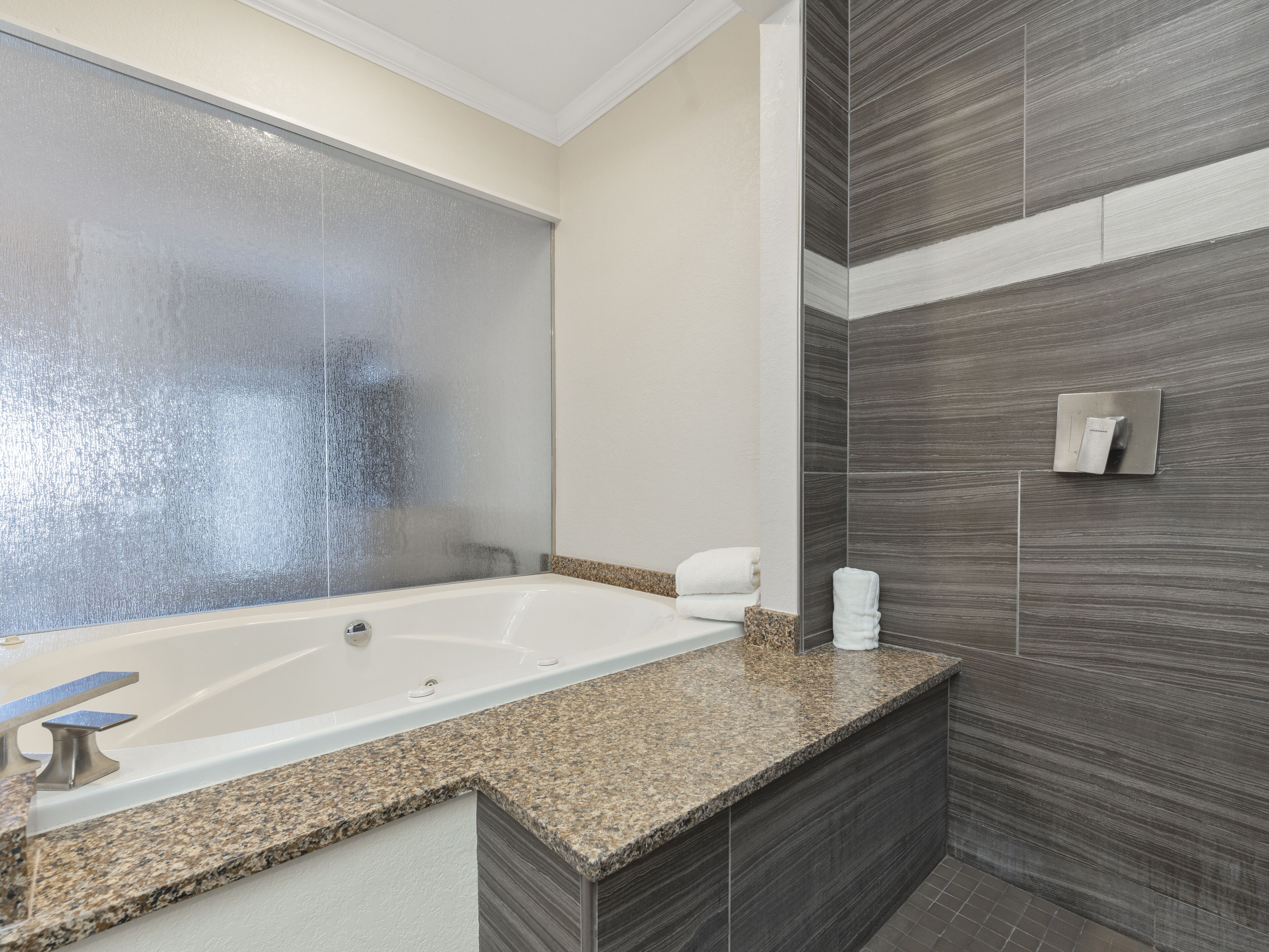 Ein Badezimmer mit einer großen Badewanne, einer Duschkabine und einer Arbeitsplatte aus Granit.