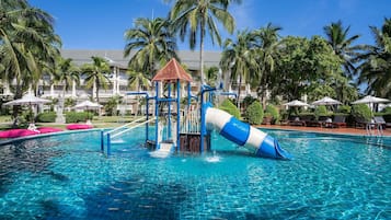 Outdoor pool, pool umbrellas, pool loungers