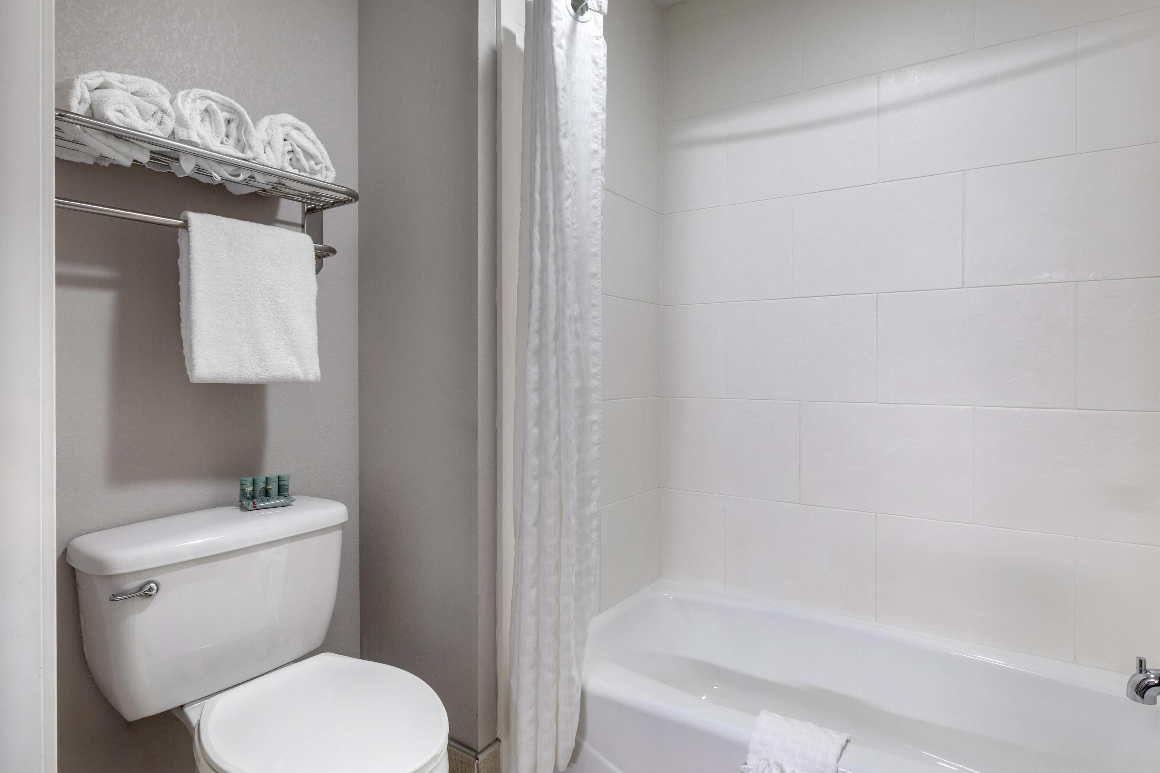 standard room, 1 king bed, non smoking, refrigerator & microwave | bathroom | free toiletries, hair dryer, towels, soap