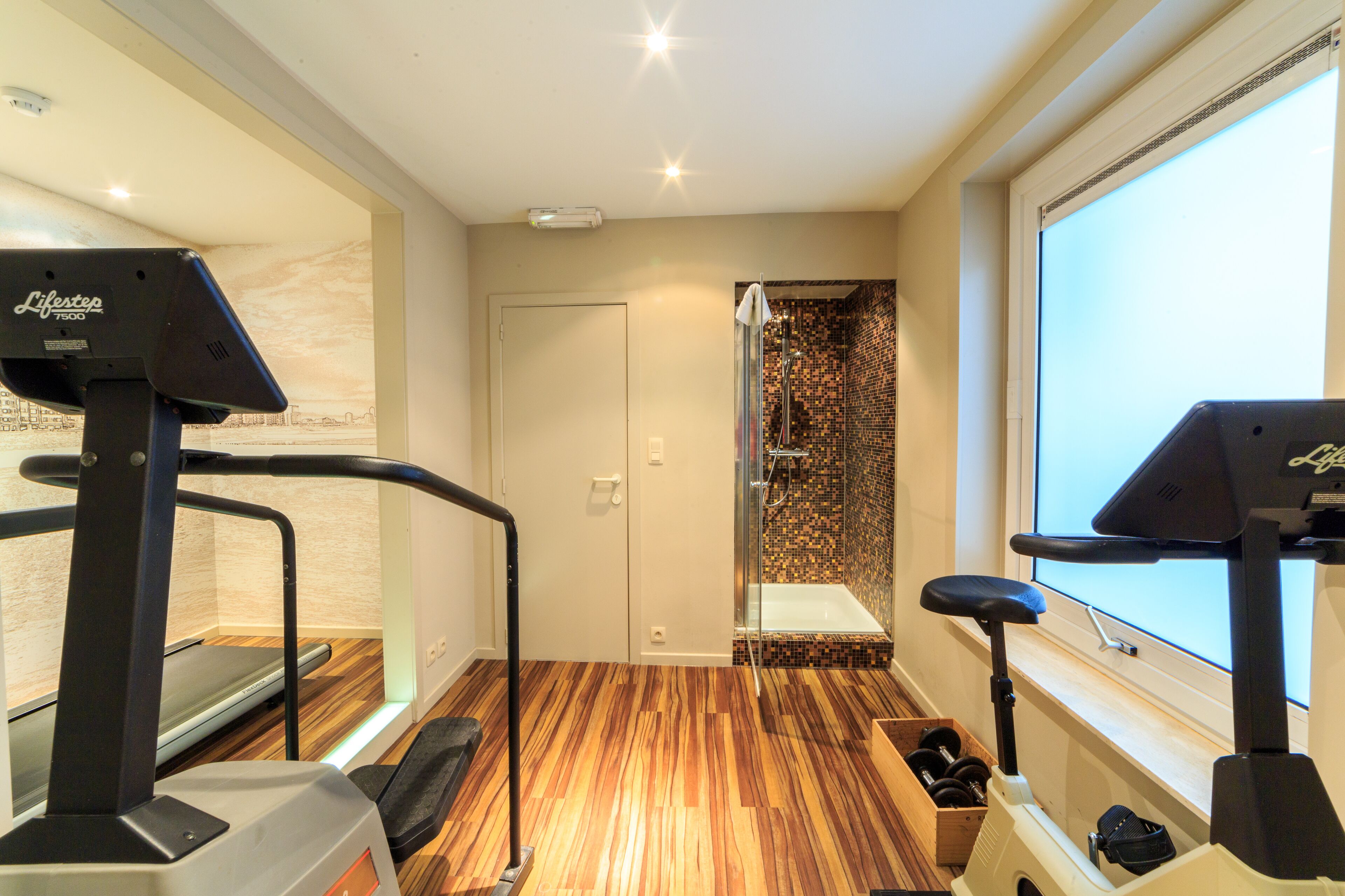 Une salle de sport équipée de tapis de course, d’un vélo d’appartement et d’un espace douche.