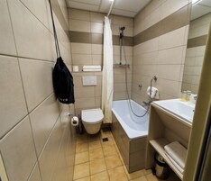 Une petite salle de bain carrelée, équipée de toilettes, d’une douche et d’un lavabo.