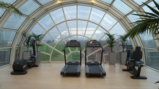 A gym with two treadmills, exercise bikes, and potted plants. - MajesticHouse Conference & Restaurant (Castenedolo)