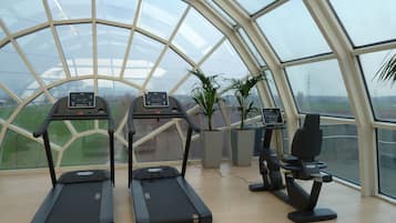 A gym with two treadmills, a stationary bike, and large windows offering a view of the outdoors.