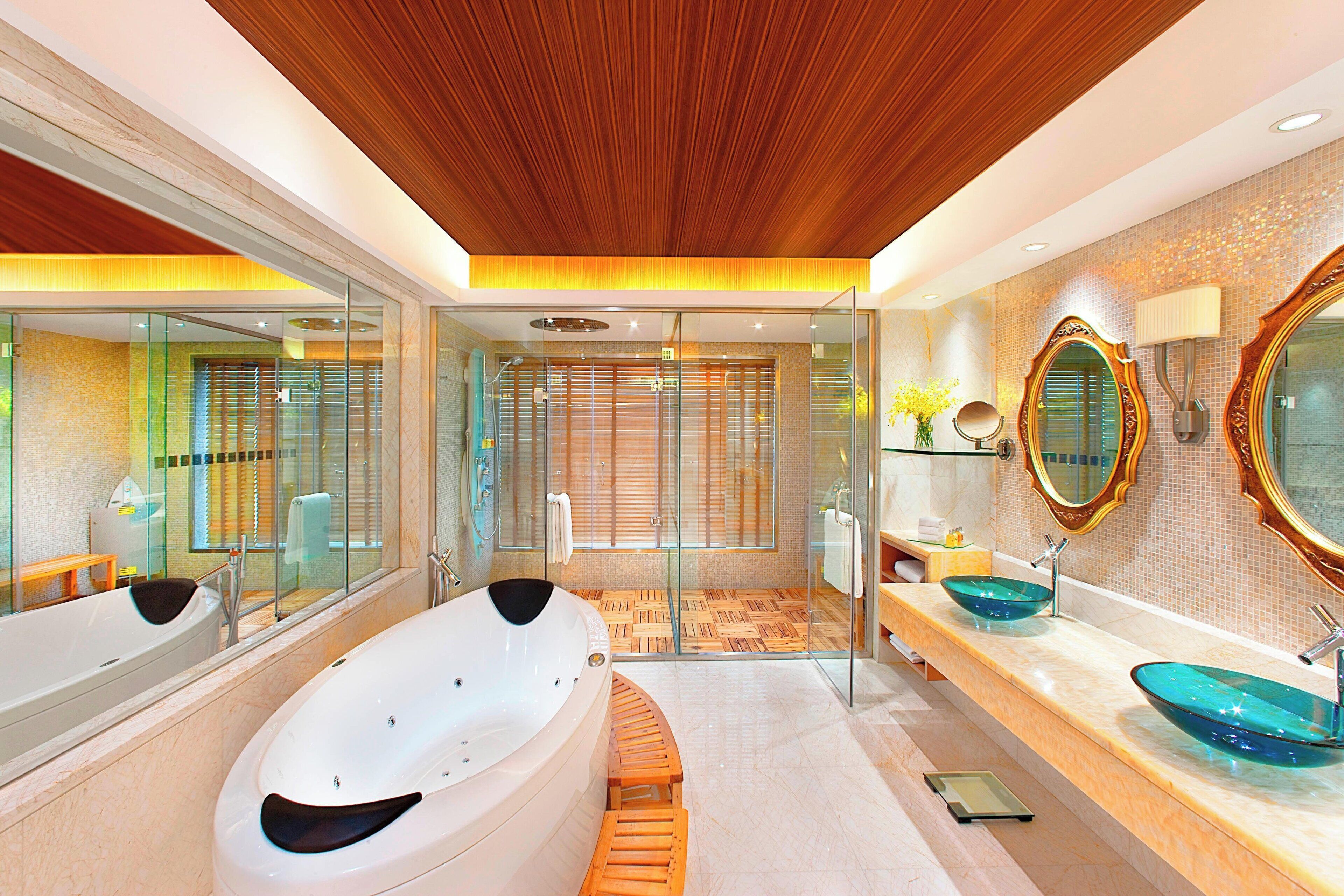 separate bathtub and shower, deep-soaking bathtub, rainfall showerhead