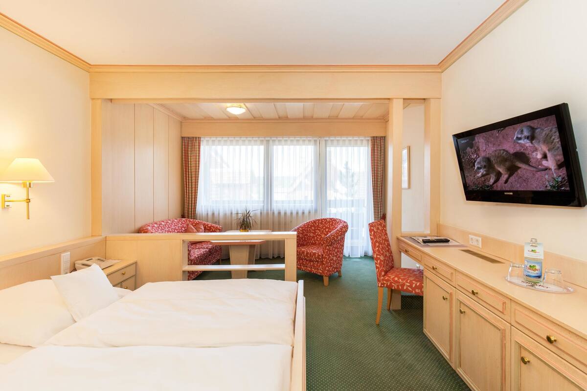 A hotel room with a bed, a desk, a chair, a television, and a window with curtains.