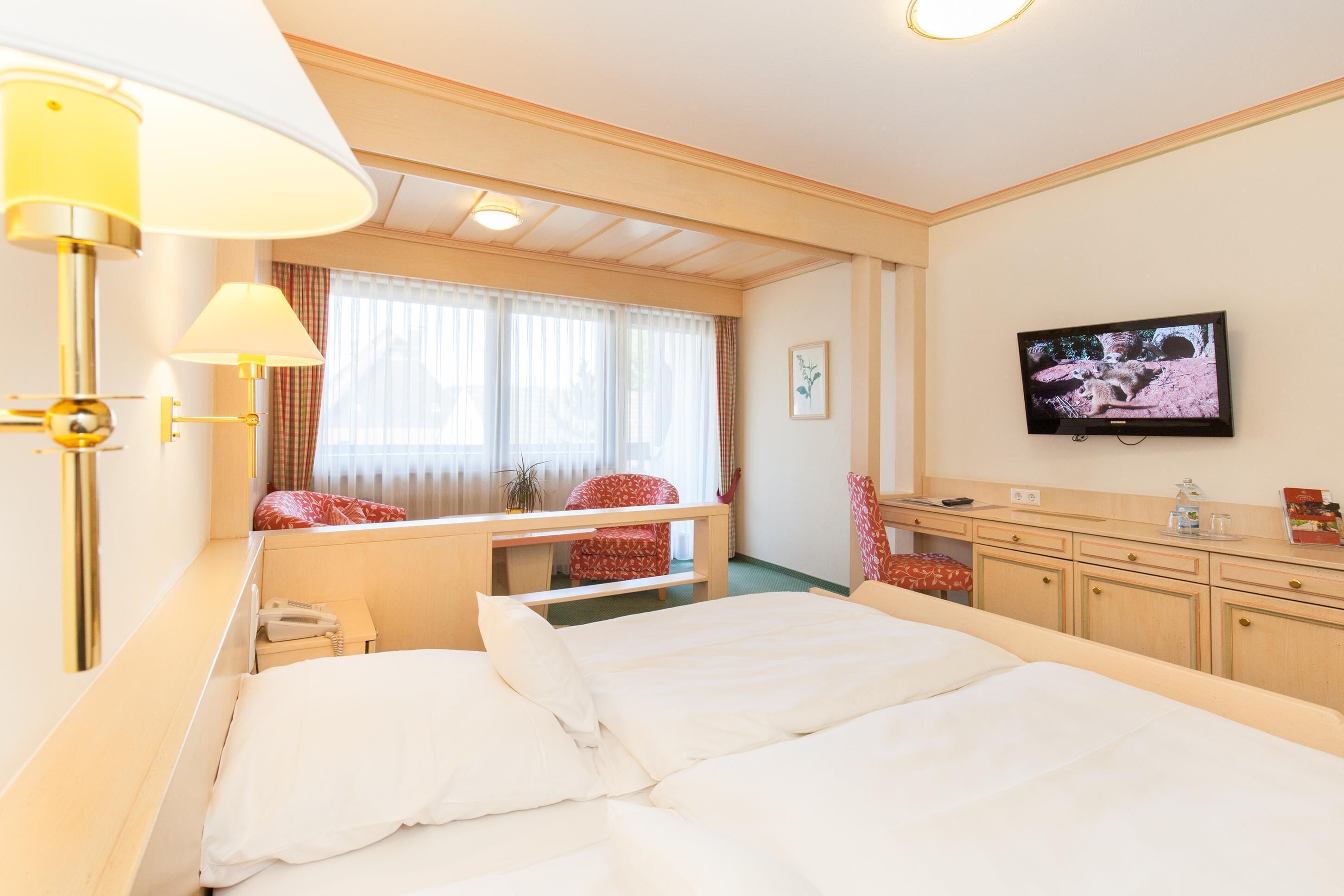 Une chambre d’hôtel avec un lit, des tables de chevet, une télévision et une fenêtre avec des rideaux.