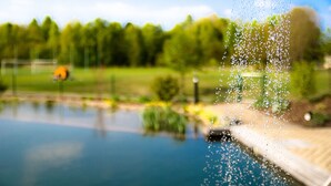 Une scène extérieure floue, avec une étendue d’eau, des arbres et une construction en arrière-plan.