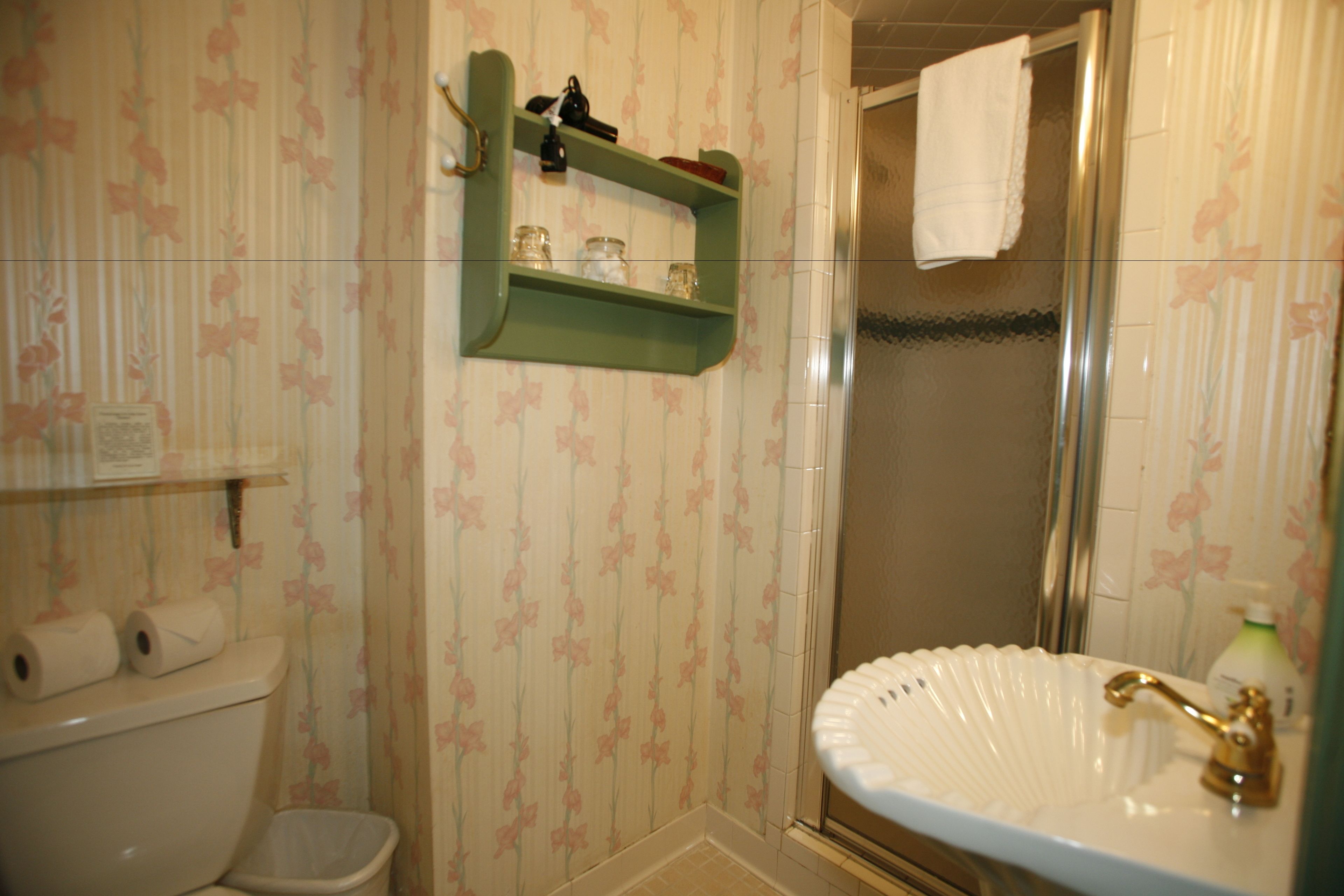 A bathroom with a toilet, a sink with a gold faucet, a green shelf with toiletries, and a shower with a glass door.