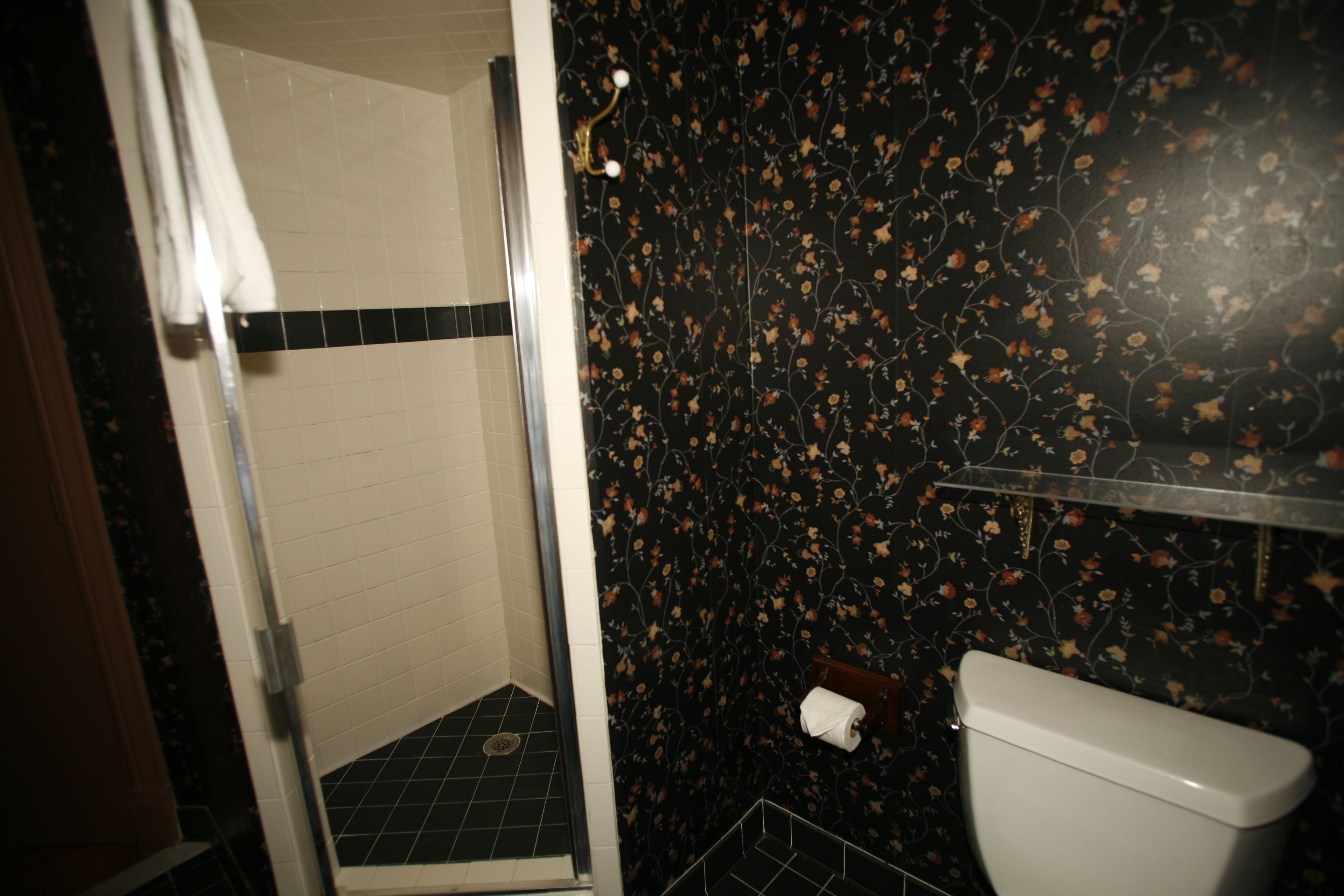 Une salle de bain avec une douche, des toilettes et un porte-serviettes.