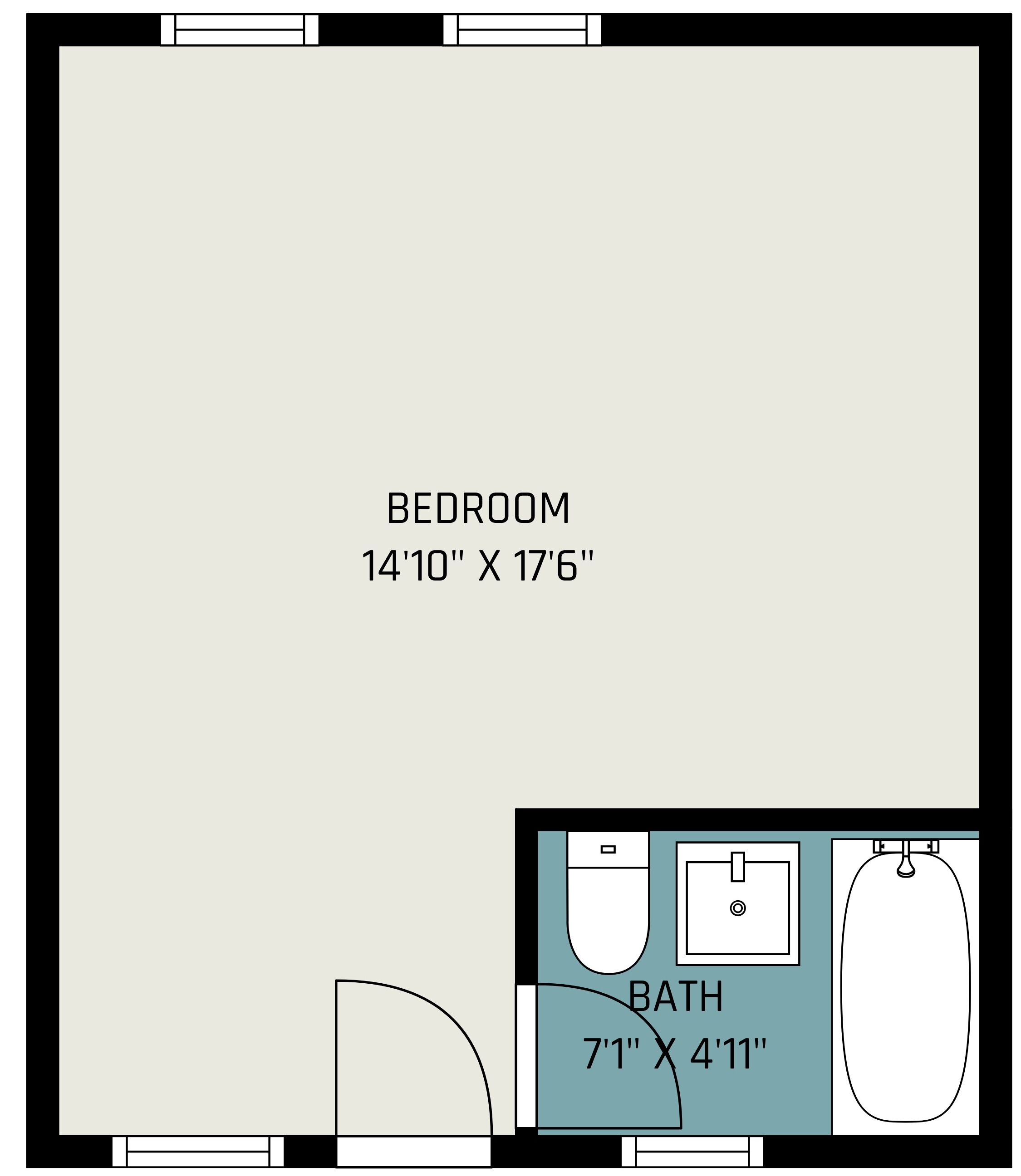Een slaapkamer van 4,5 meter bij 5,3 meter en een badkamer van 2,1 meter bij 1,4 meter.