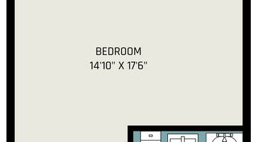 Un dormitorio de 4,5 metros por 5,3 metros y un baño de 2,1 metros por 1,4 metros.