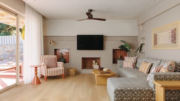 Plasma TV, fireplace