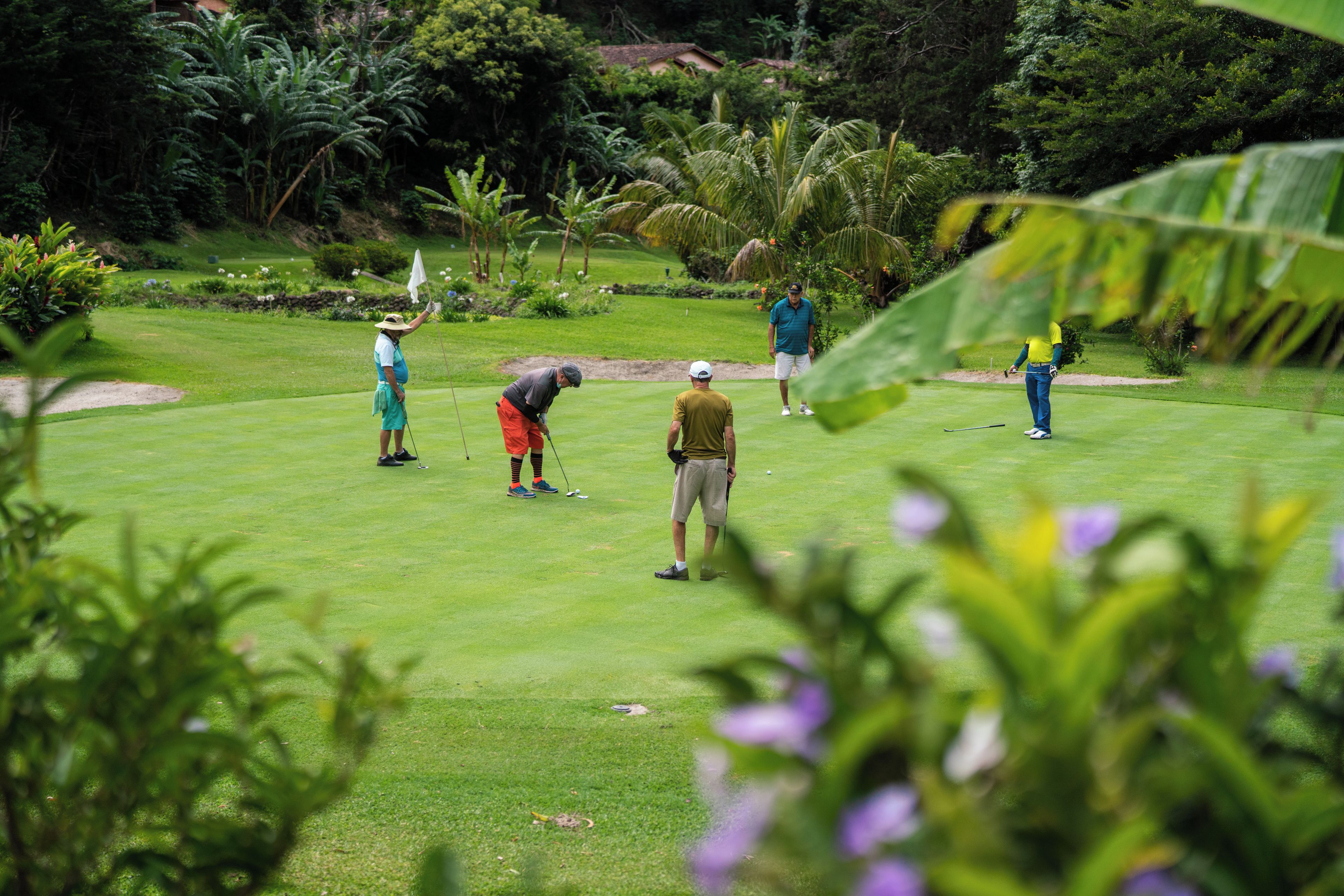 Un campo de golf con jugadores y un mástil con bandera.