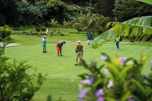 A golf course with players and a flagstick.