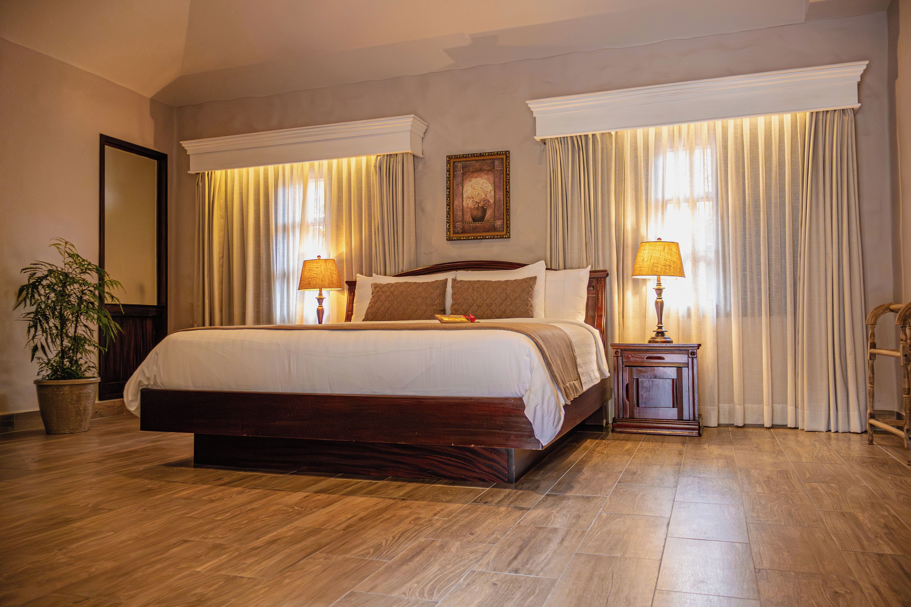 A large bed with a wooden frame, two bedside tables with lamps, a potted plant, and a painting on the wall.