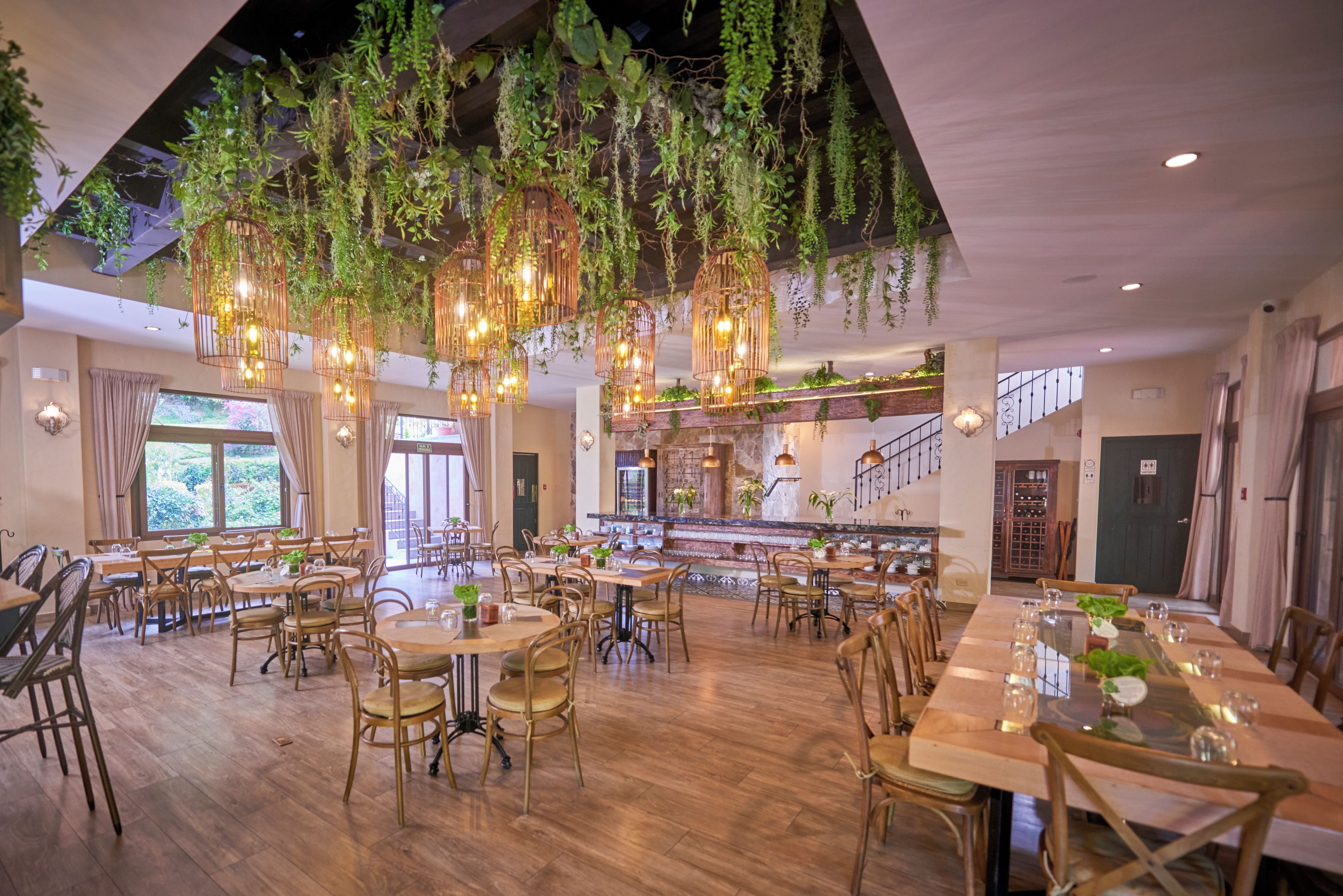 A spacious restaurant with high ceilings, hanging plants, and a variety of seating arrangements including round tables and chairs.