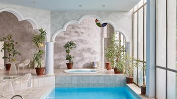 Indoor pool, seasonal outdoor pool, pool umbrellas, sun loungers