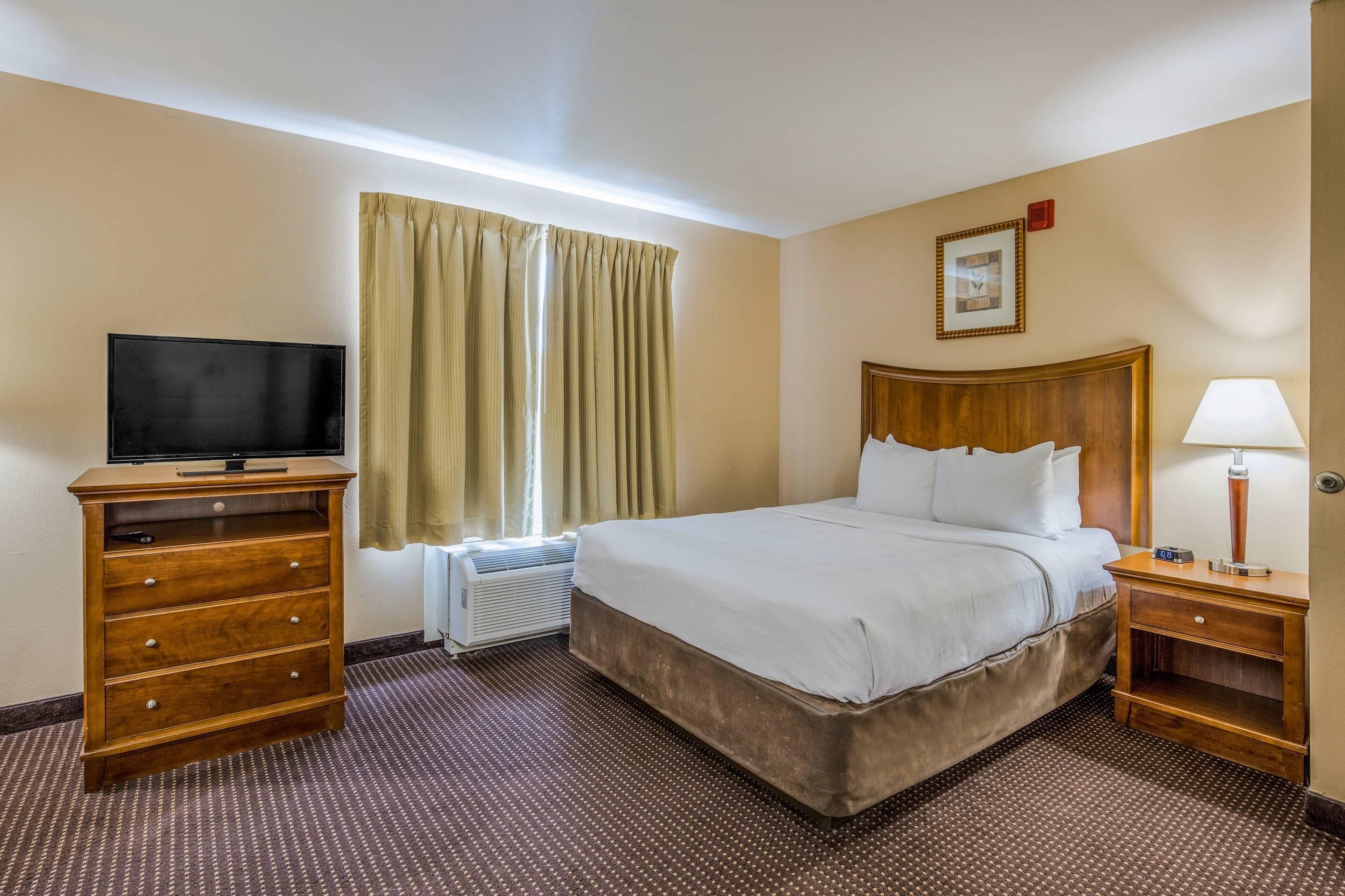 A hotel room with a bed, a TV, a lamp, and a dresser.