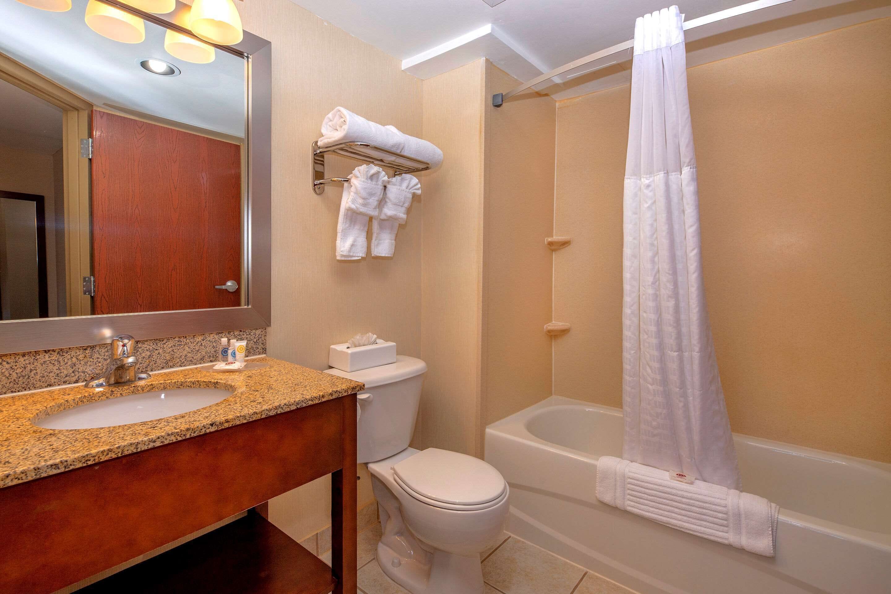 combined shower/bathtub, free toiletries, hair dryer, towels