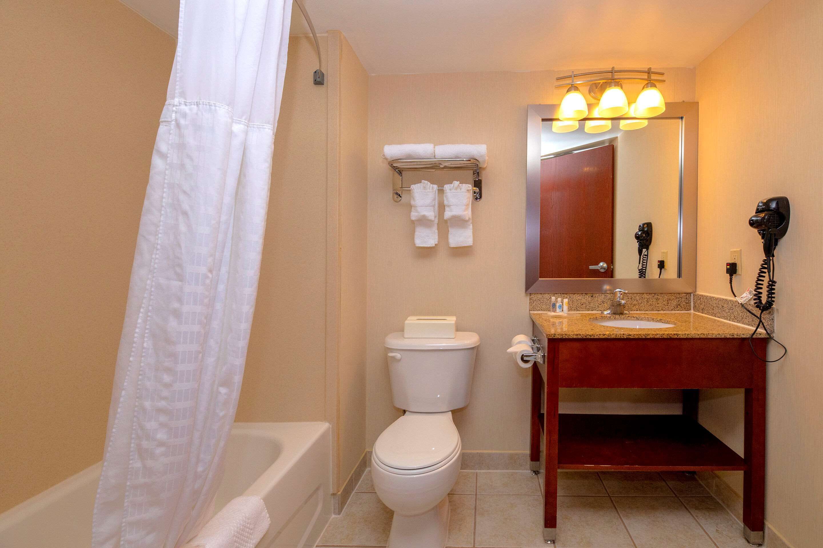 combined shower/bathtub, free toiletries, hair dryer, towels